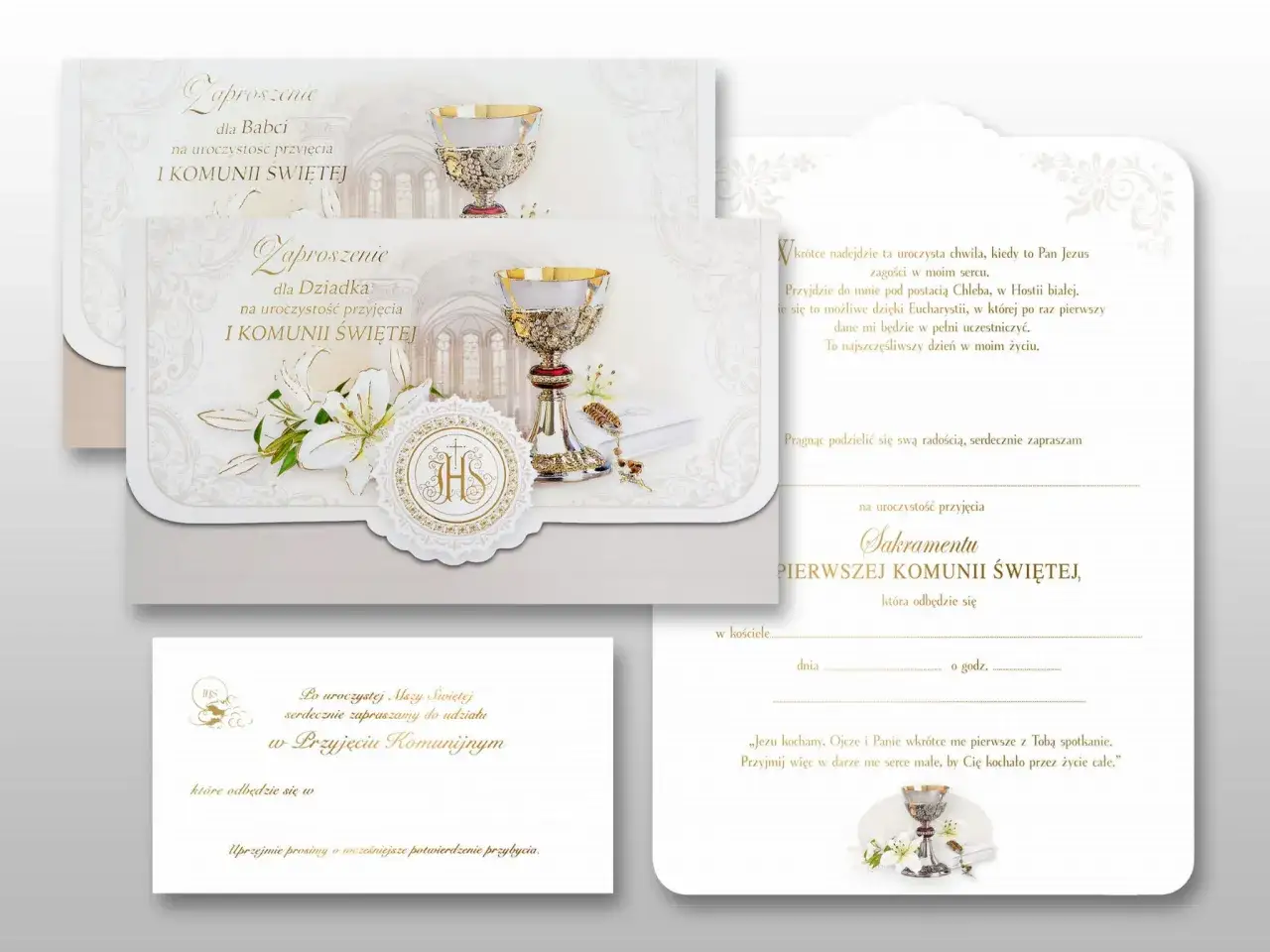 Eleganckie zaproszenia na Komunię Świętą dla Dziadk&oacute;w. Wzory z kielichem i liliami. Jak wypisać zaproszenie na komunię dla dziadk&oacute;w?