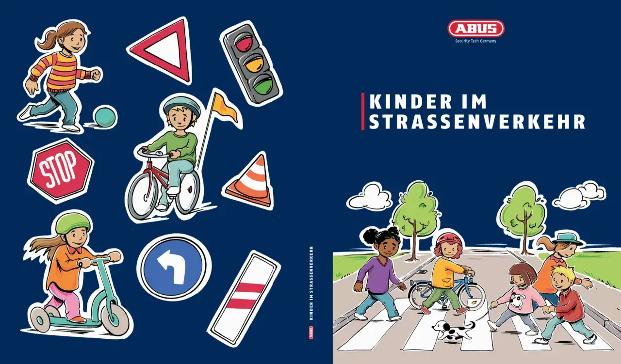 Illustrationen f&uuml;r Verkehrserziehung im Kindergarten: Kinder lernen spielerisch den Stra&szlig;enverkehr kennen, mit Fahrr&auml;dern, Rollern und Verkehrszeichen.