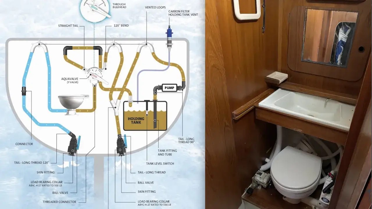Schema einer elektrischen Toilette im Boot: Funktion, Anschl&uuml;sse und Tankentl&uuml;ftung.