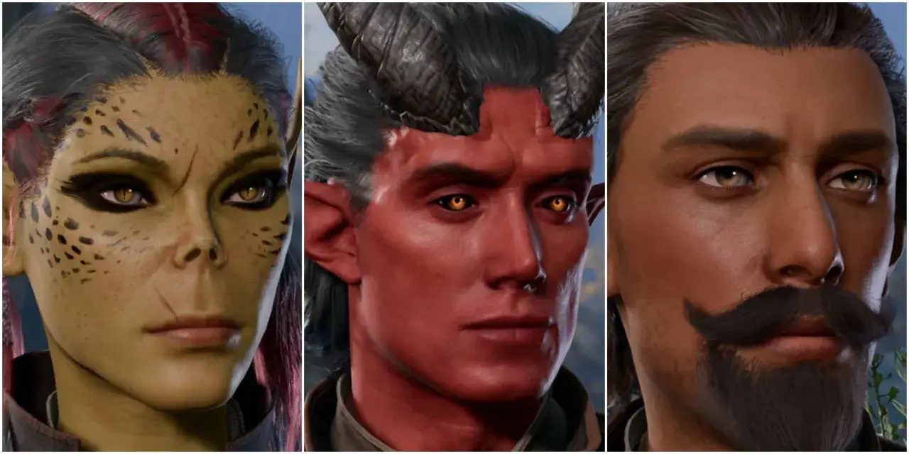 Tres rostros de las razas de Baldur's Gate 3: una mujer con piel verde y manchas, un tiefling de piel roja y cuernos, y un hombre con bigote y barba.