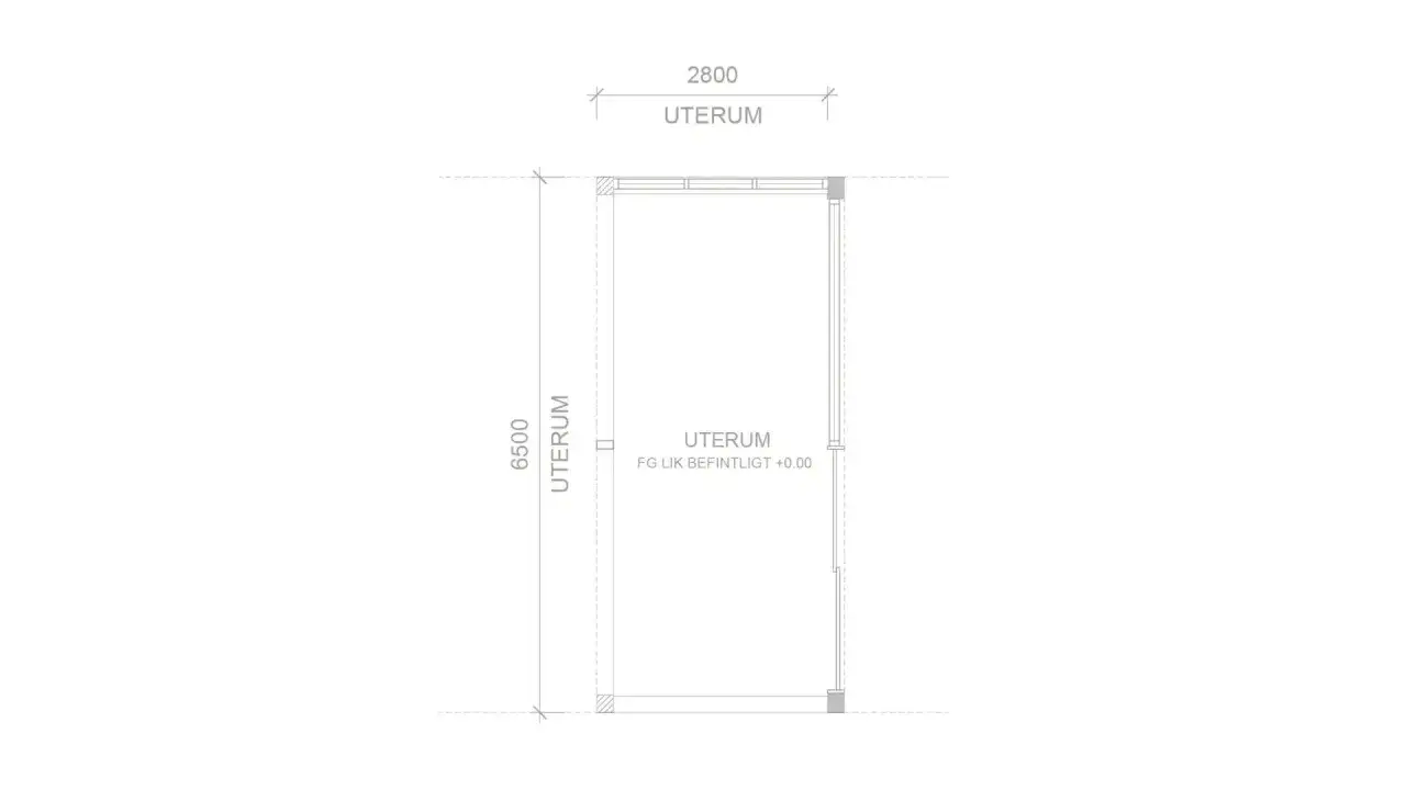 Ritning av ett uterum med måtten 6500x2800 mm. Taklutning och golvnivå anges.