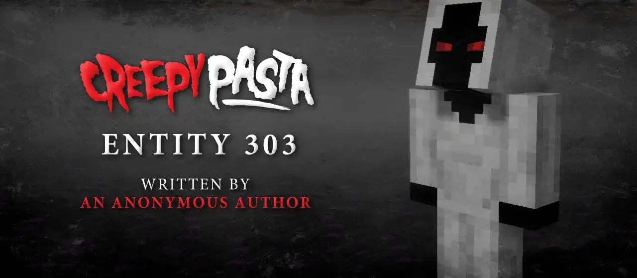 Postać z gry Minecraft, Entity 303, w białym stroju z czarną maską i czerwonymi oczami.