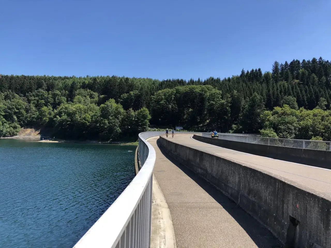 Ein sonniger Tag an der Aggertalsperre l&auml;dt zum Wandern und Radfahren ein. Der blaue Himmel spannt sich &uuml;ber den gr&uuml;nen Wald und das glitzernde Wasser.