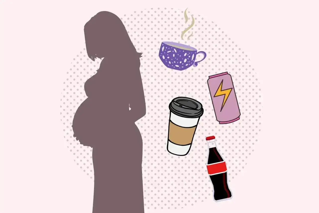 Siluett av en gravid kvinna omgiven av olika drycker. Koffein under graviditet är ett ämne att tänka på.