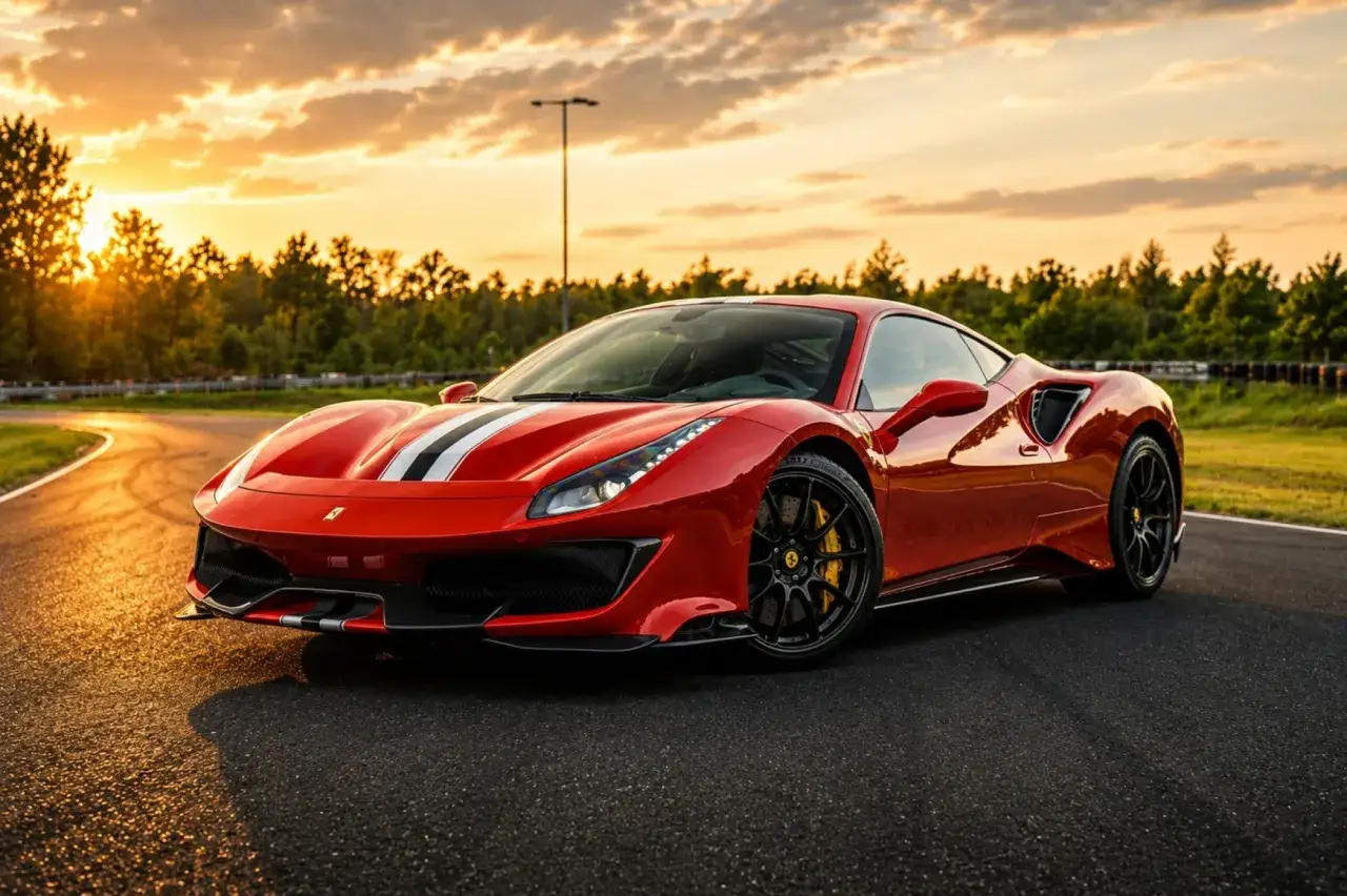Czerwone Ferrari Pista z białymi i czarnymi pasami na masce, lśni w złotym świetle zachodzącego słońca na torze wyścigowym.