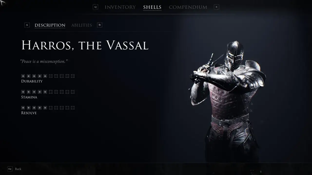 Harros, el Vasallo, en esta guía de Mortal Shell. Sus estadísticas de Durabilidad, Resistencia y Determinación se muestran.