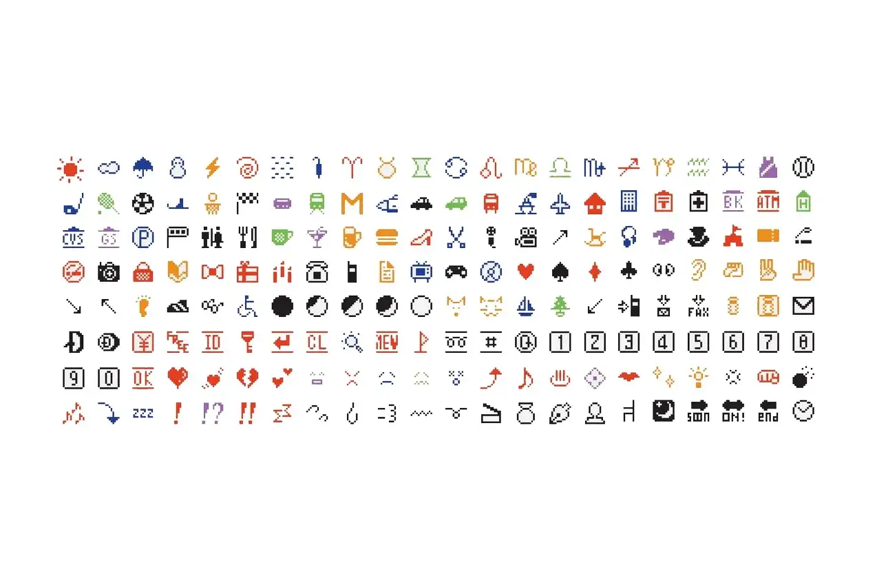 En samling pixelgrafik som visar olika symboler och ikoner. Här finns allt från väder och djur till siffror och tecken, som kan användas för att ge sms tecken betydelse.