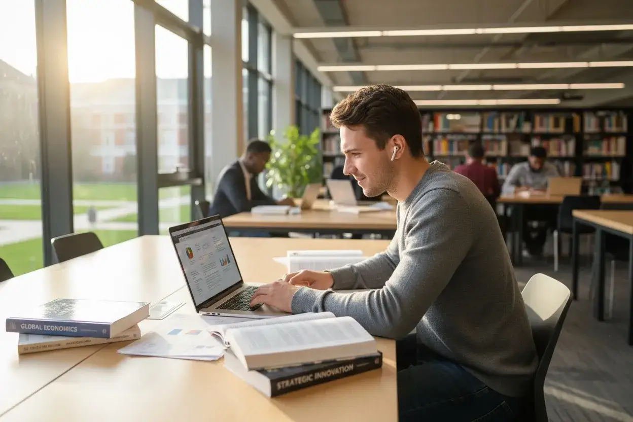 Młody mężczyzna pracuje na laptopie w bibliotece, otoczony książkami. To jego indywidualny tok studiów, który pozwala mu rozwijać się w swoim tempie.