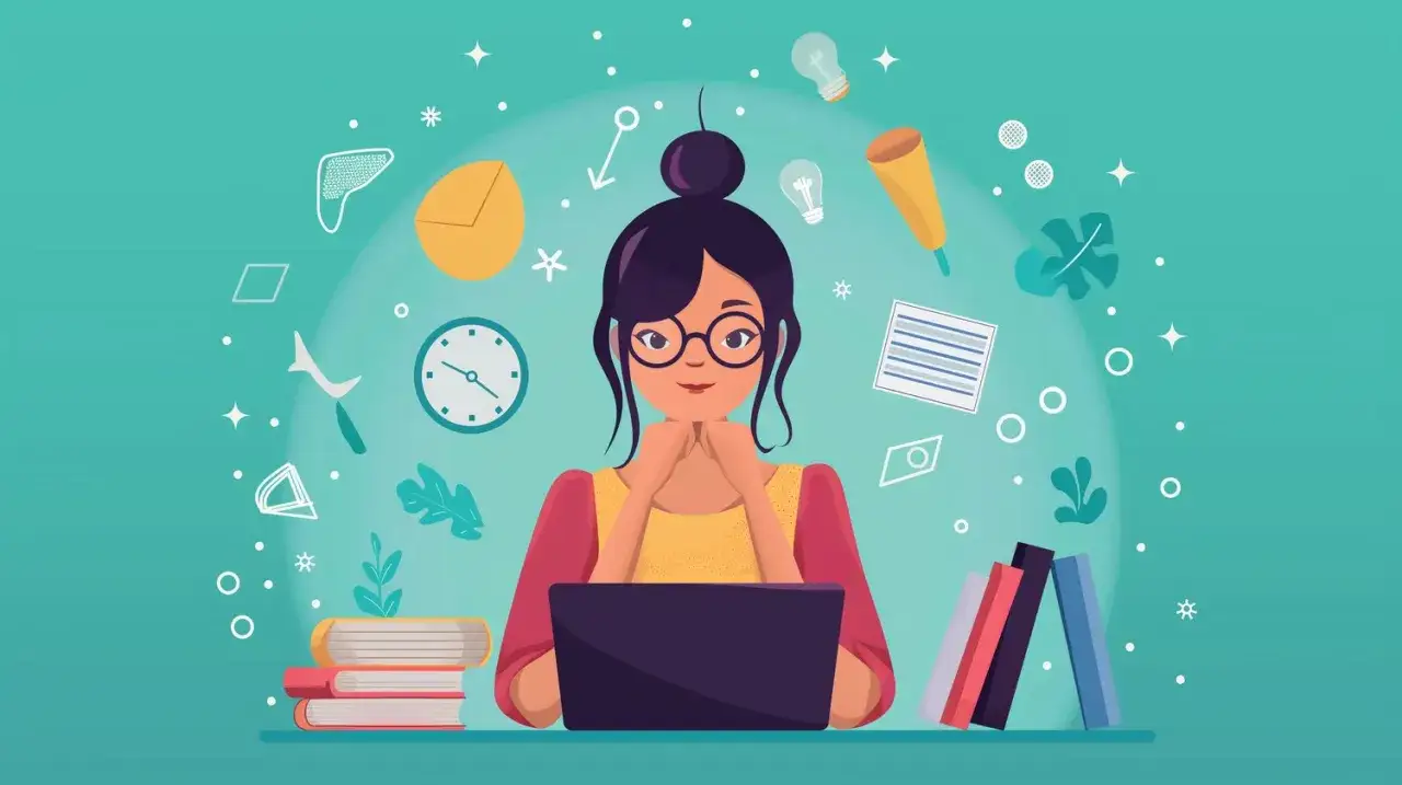 Frau lernt am Laptop, umgeben von B&uuml;chern und Symbolen f&uuml;r Wissen. Eine tolle M&ouml;glichkeit f&uuml;r online studium kostenlos.