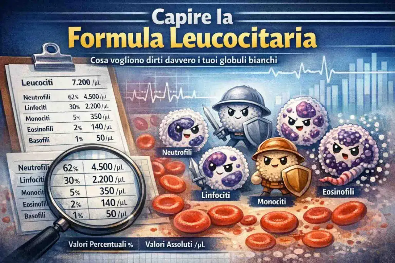 Illustrazione che mostra i globuli bianchi con i loro valori normali. Gli eosinofili hanno un valore normale di 140/µL.