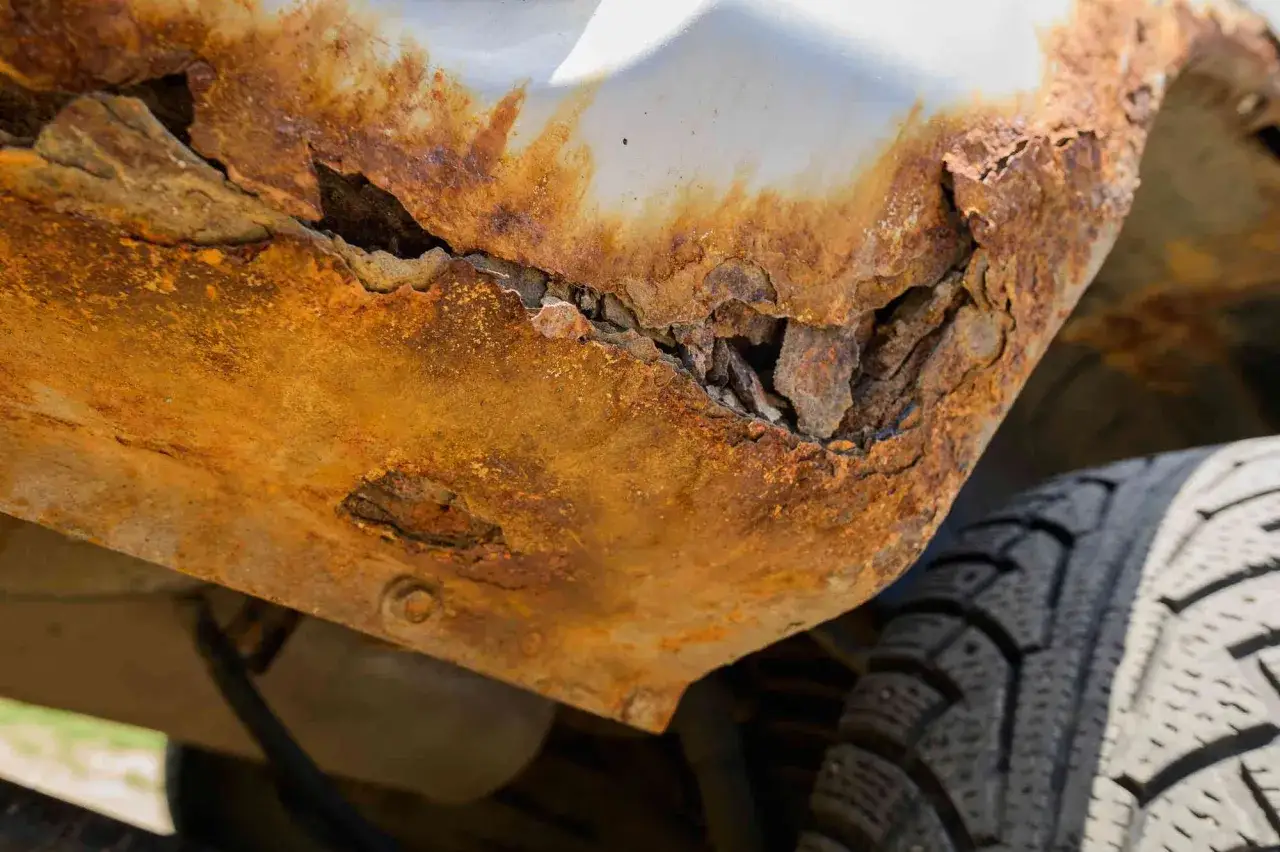 Widoczna zaawansowana korozja samochodu, metalowe fragmenty są zniszczone i pokryte rdzą.