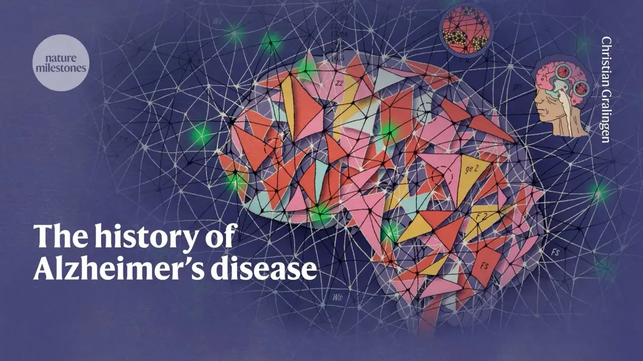 Abstrakte Darstellung eines Gehirns, das die Geschichte der Alzheimer-Krankheit von Alois Alzheimer bis heute erz&auml;hlt.