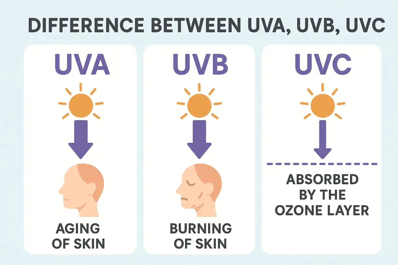 UVA cause vieillissement cutan&eacute;, UVB br&ucirc;lure, UVC est absorb&eacute; par la couche d'ozone.
