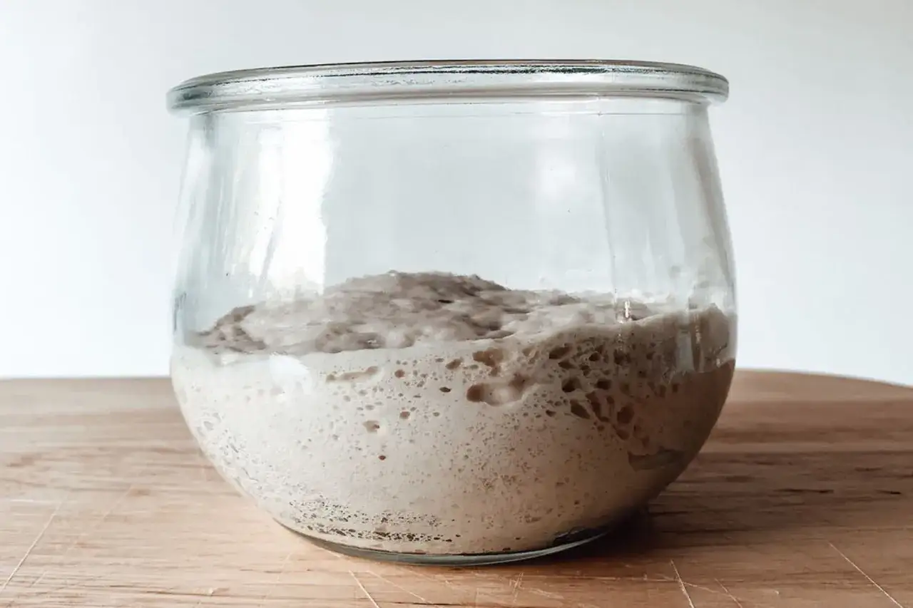Aktiver Lievito Madre Sauerteig im Glas, bereit f&uuml;r ein k&ouml;stliches Rezept.