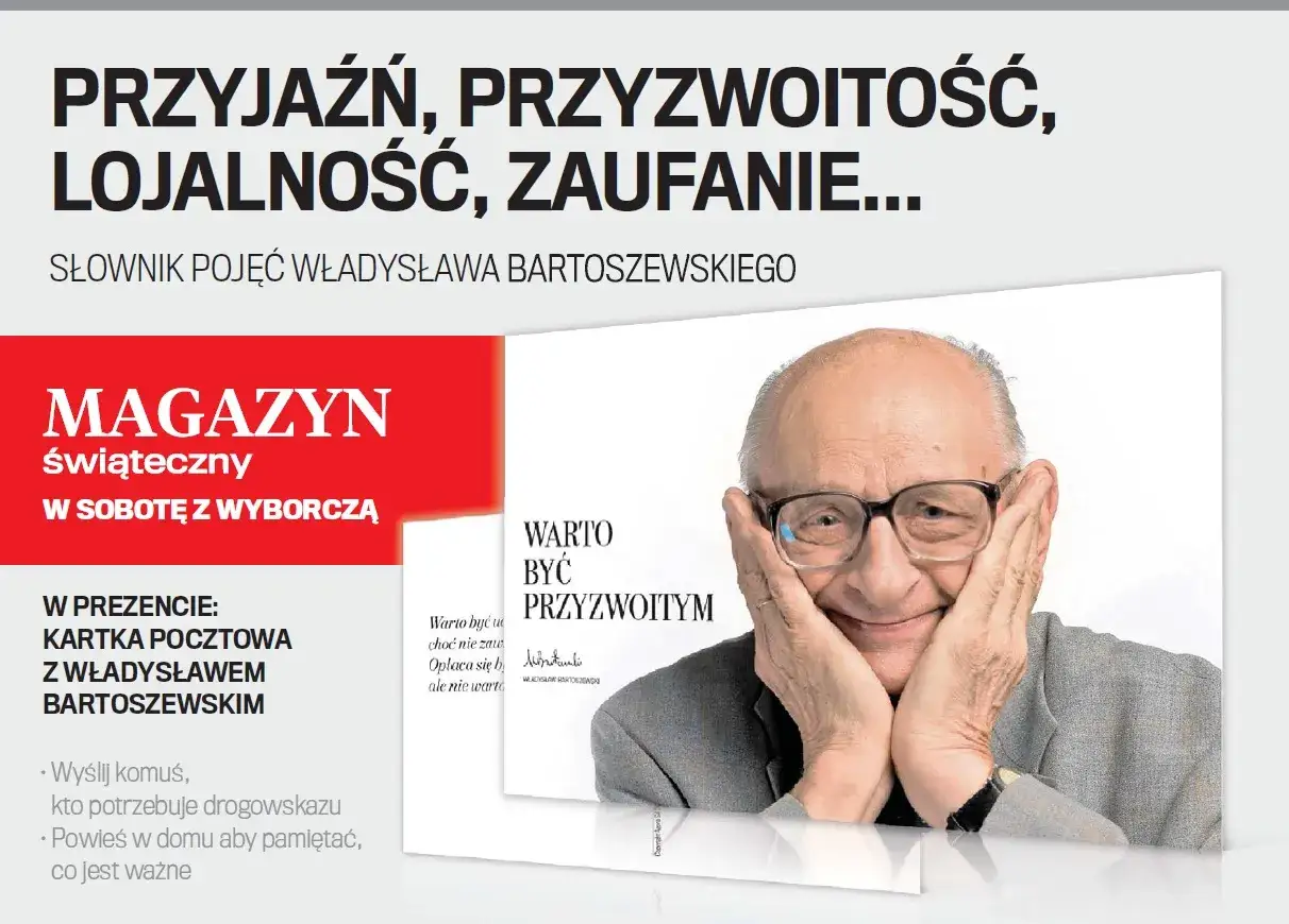 Uśmiechnięty Władysław Bartoszewski z dłońmi przy policzkach. Nagłówek głosi: