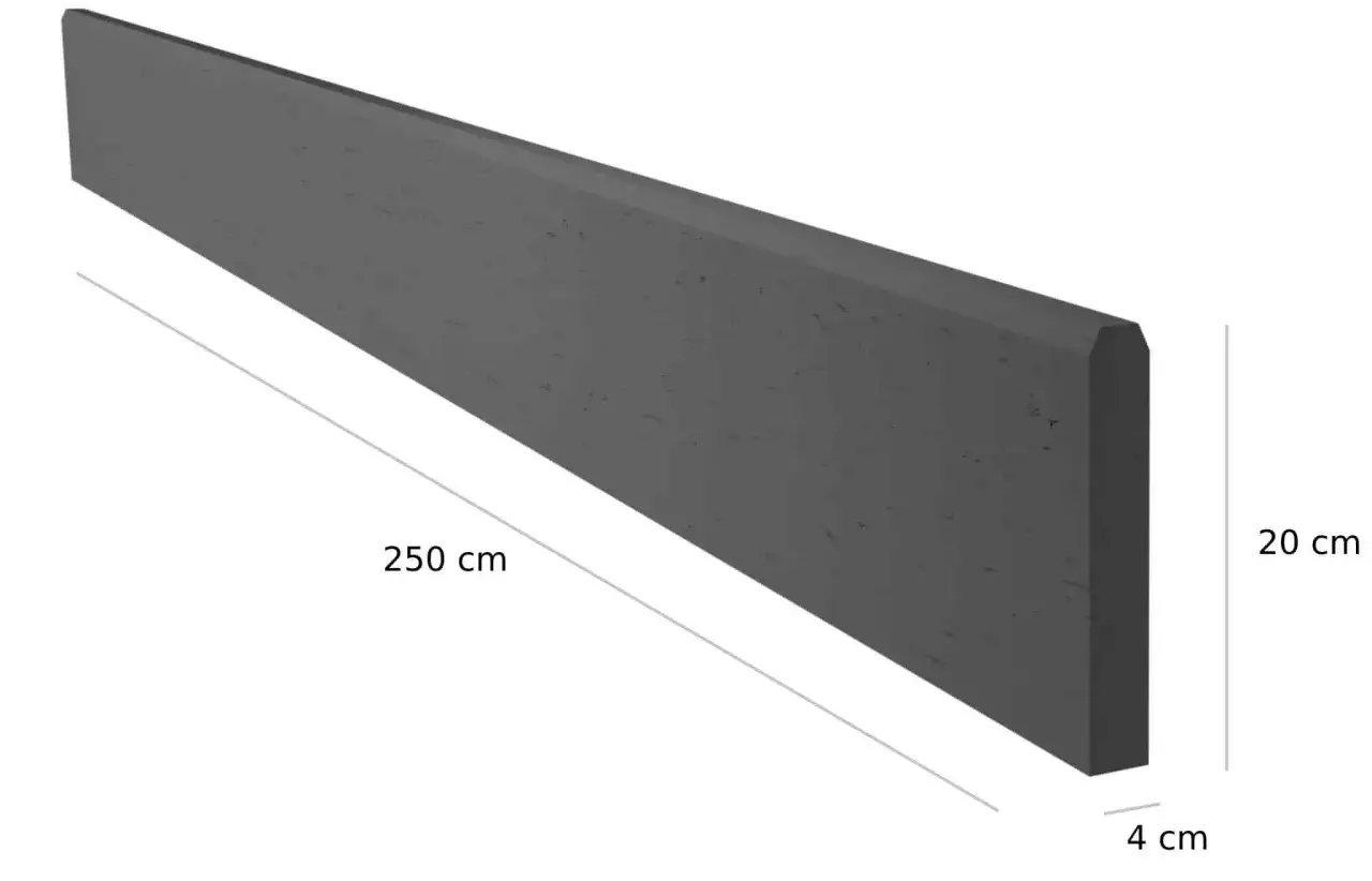 Szary betonowy element o długości 250 cm, wysokości 20 cm i grubości 4 cm. Podmurówka betonowa wymiary.