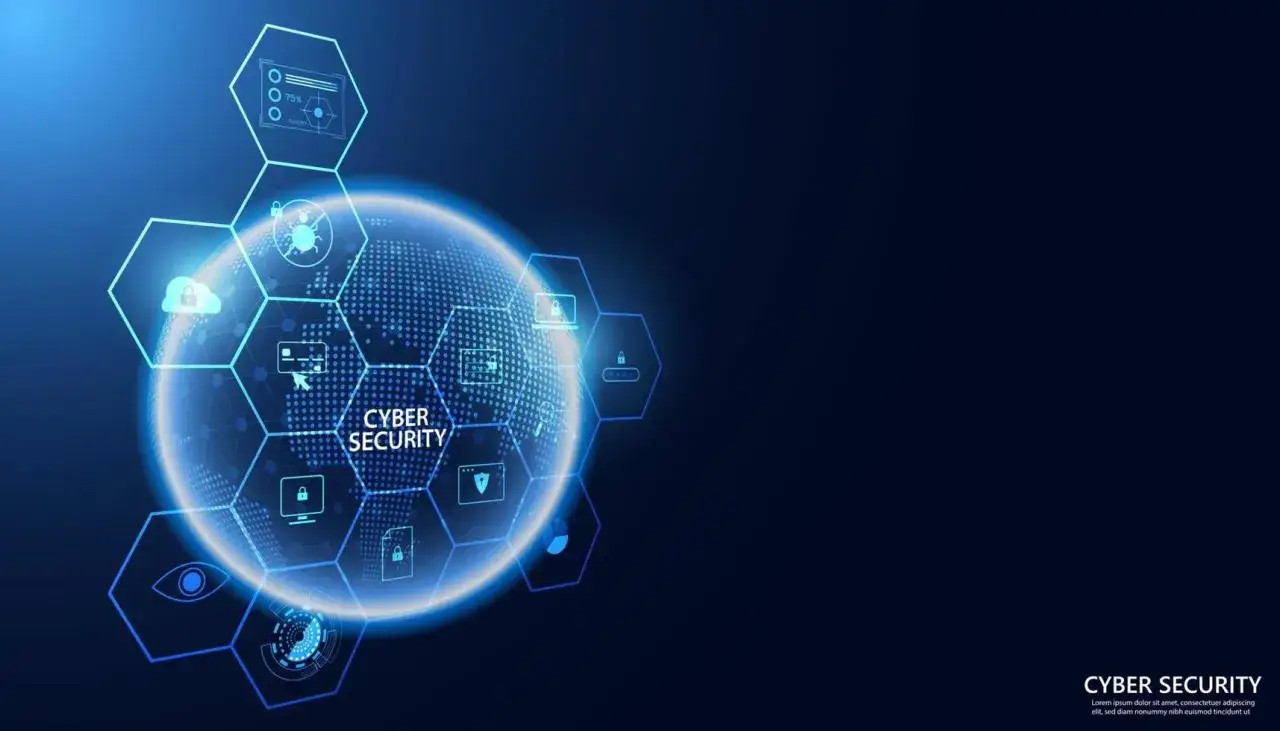 Digitale Welt mit Symbolen für Cyber Security. Ein Hexagon-Netzwerk umspannt den Globus, das vor einem zero day schützt.