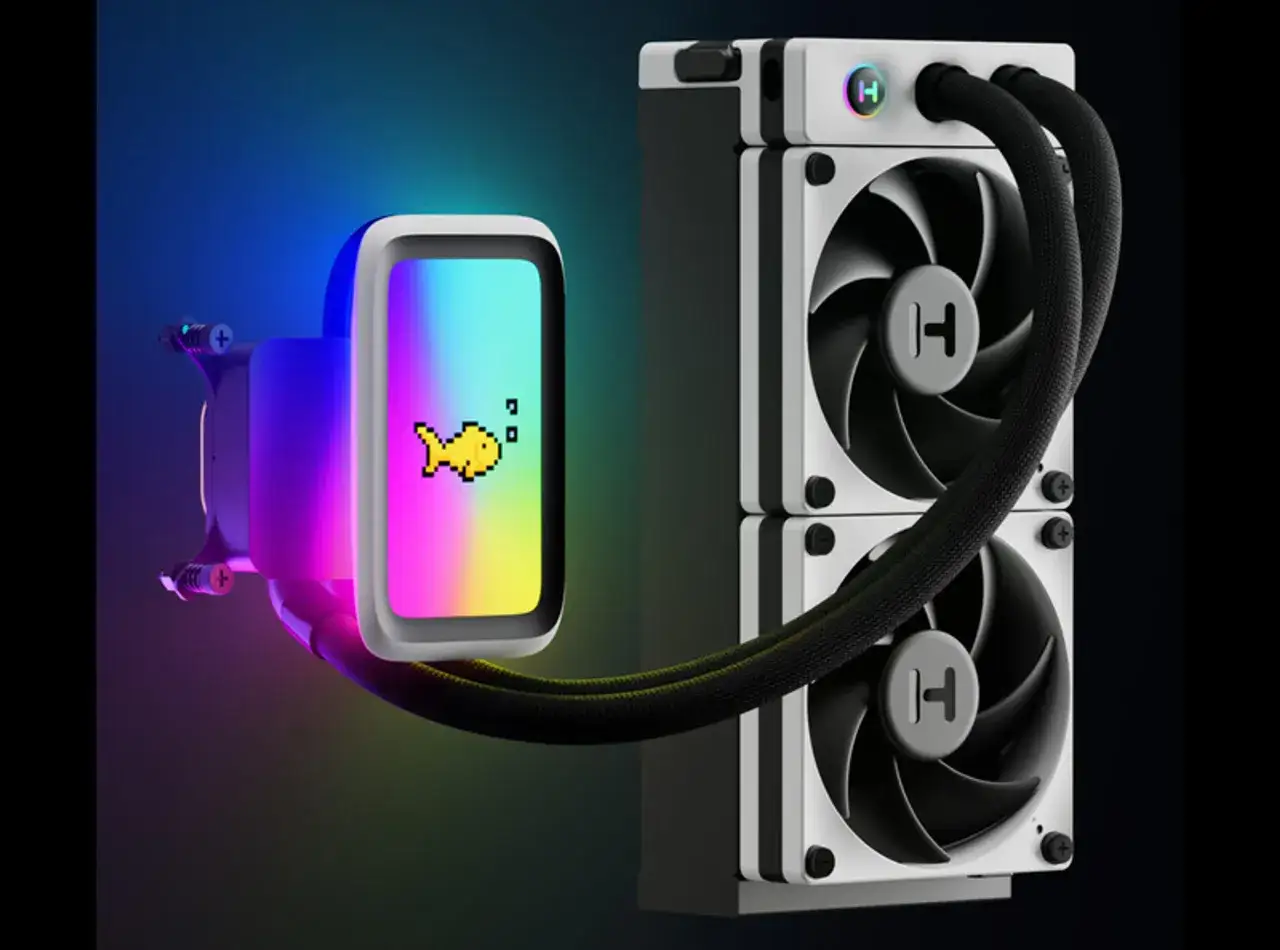 Moderne Wasserkühlung mit RGB-Beleuchtung und einem Pixel-Fisch-Motiv auf dem Display. Hilft, wenn die cpu temperatur zu hoch ist.