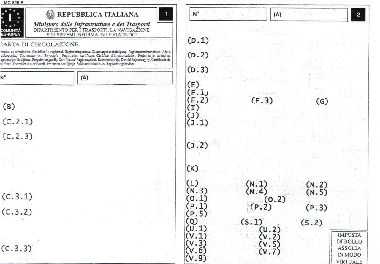 Documento di circolazione con codici alfanumerici, tra cui 