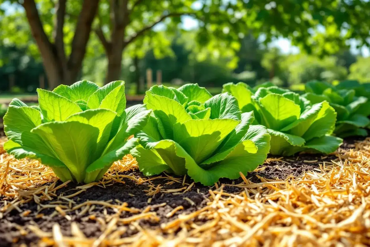Salades vertes bien formées, prêtes à pousser au soleil ou à l'ombre. Le paillis protège la terre.