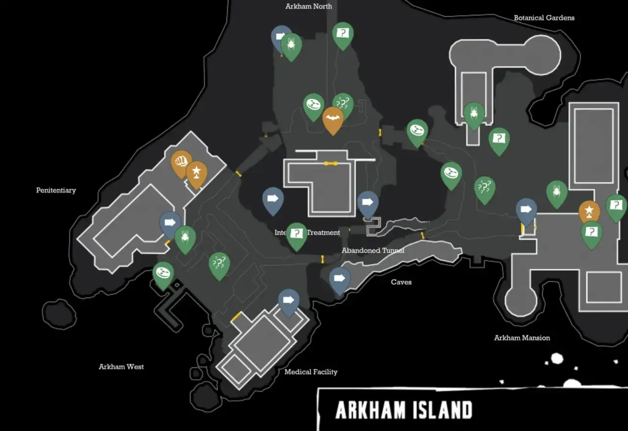 Mapa Arkham Island z zaznaczonymi lokacjami i celami. Ten **batman arkham asylum poradnik** pomoże Ci odnaleźć wszystkie sekrety.