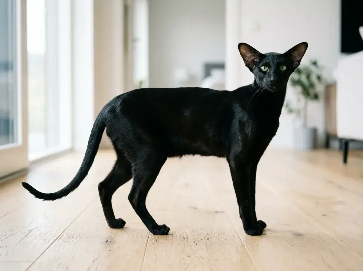 Elegante gato oriental negro, con ojos verdes penetrantes, posa en un suelo de madera.