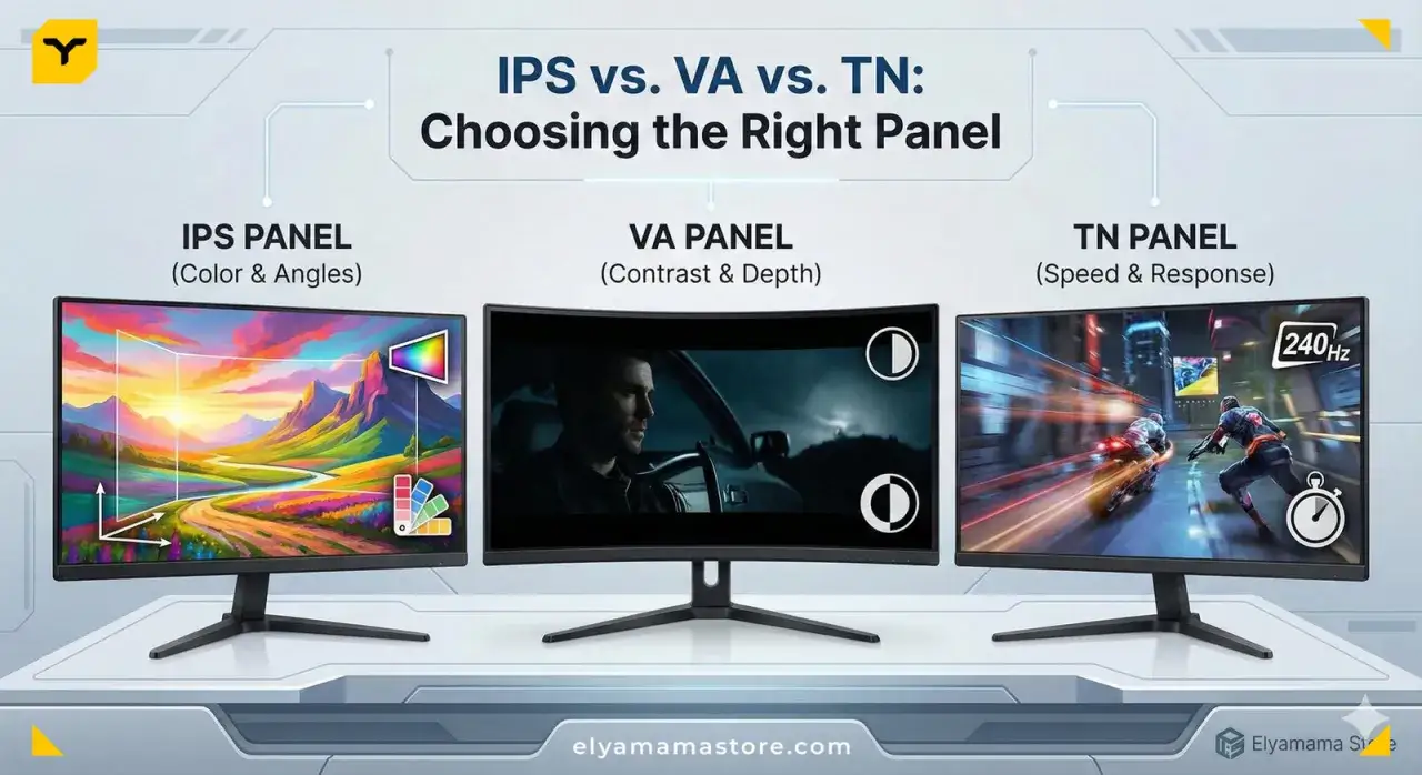 Comparaison des dalles IPS, VA et TN. La dalle TN est mise en avant pour sa rapidité et sa réactivité, idéale pour le jeu vidéo.