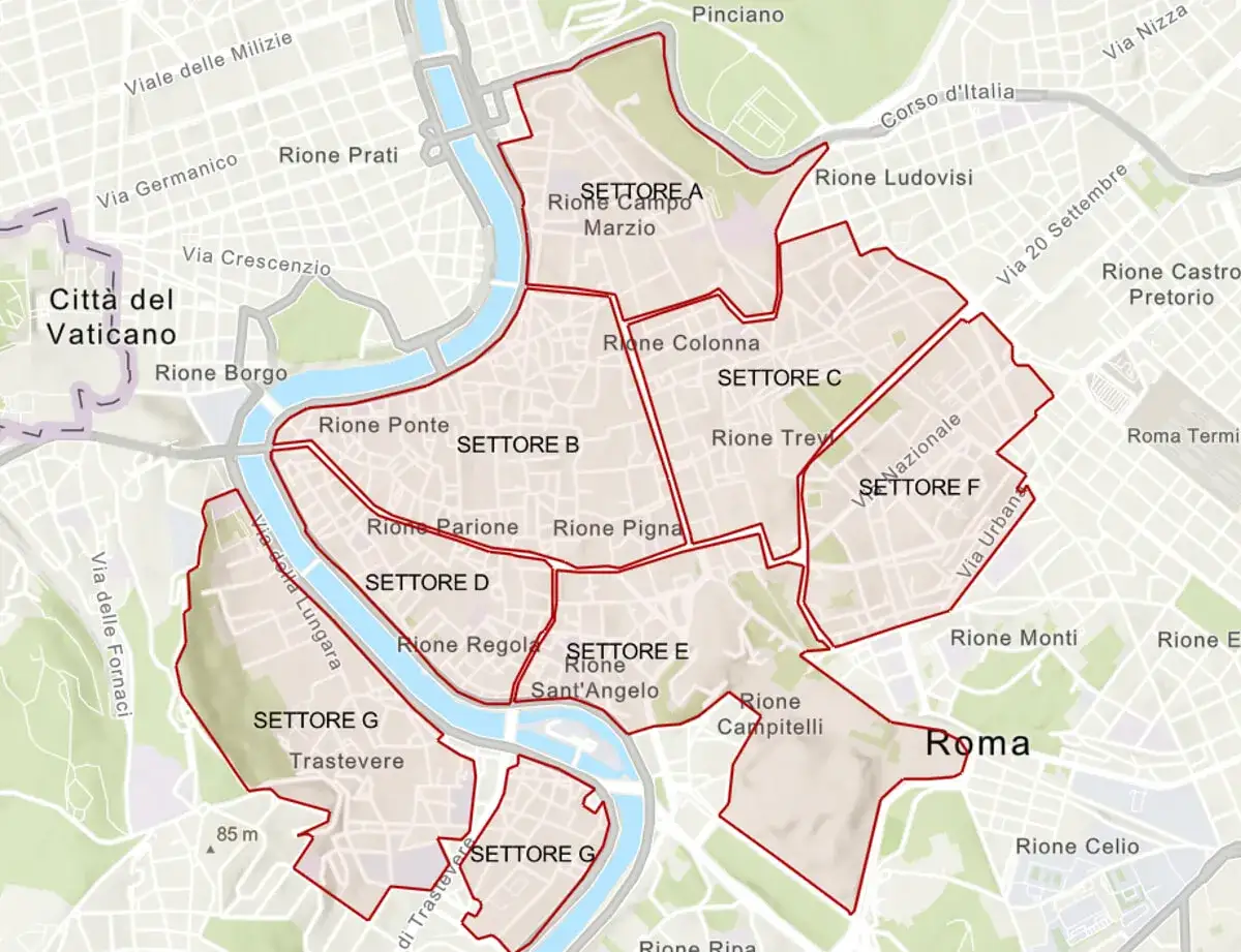 Mappa dei settori e rioni del centro di Roma, con il Tevere che attraversa la città.
