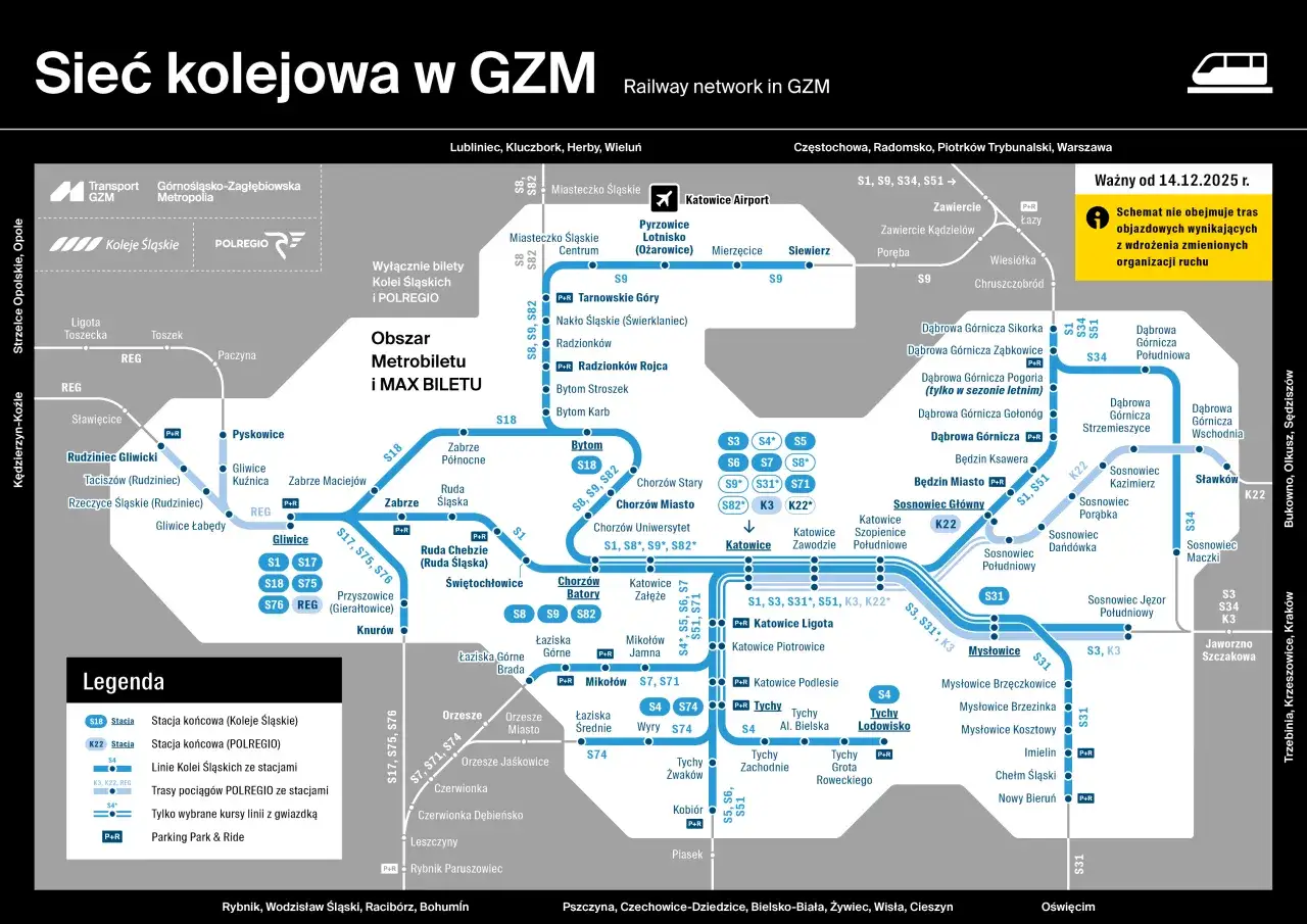 Kolejowa sieć w GZM z zaznaczonym obszarem Metro biletu i MAX biletu. Rozkład jazdy pociągów obejmuje Sosnowiec i okolice.