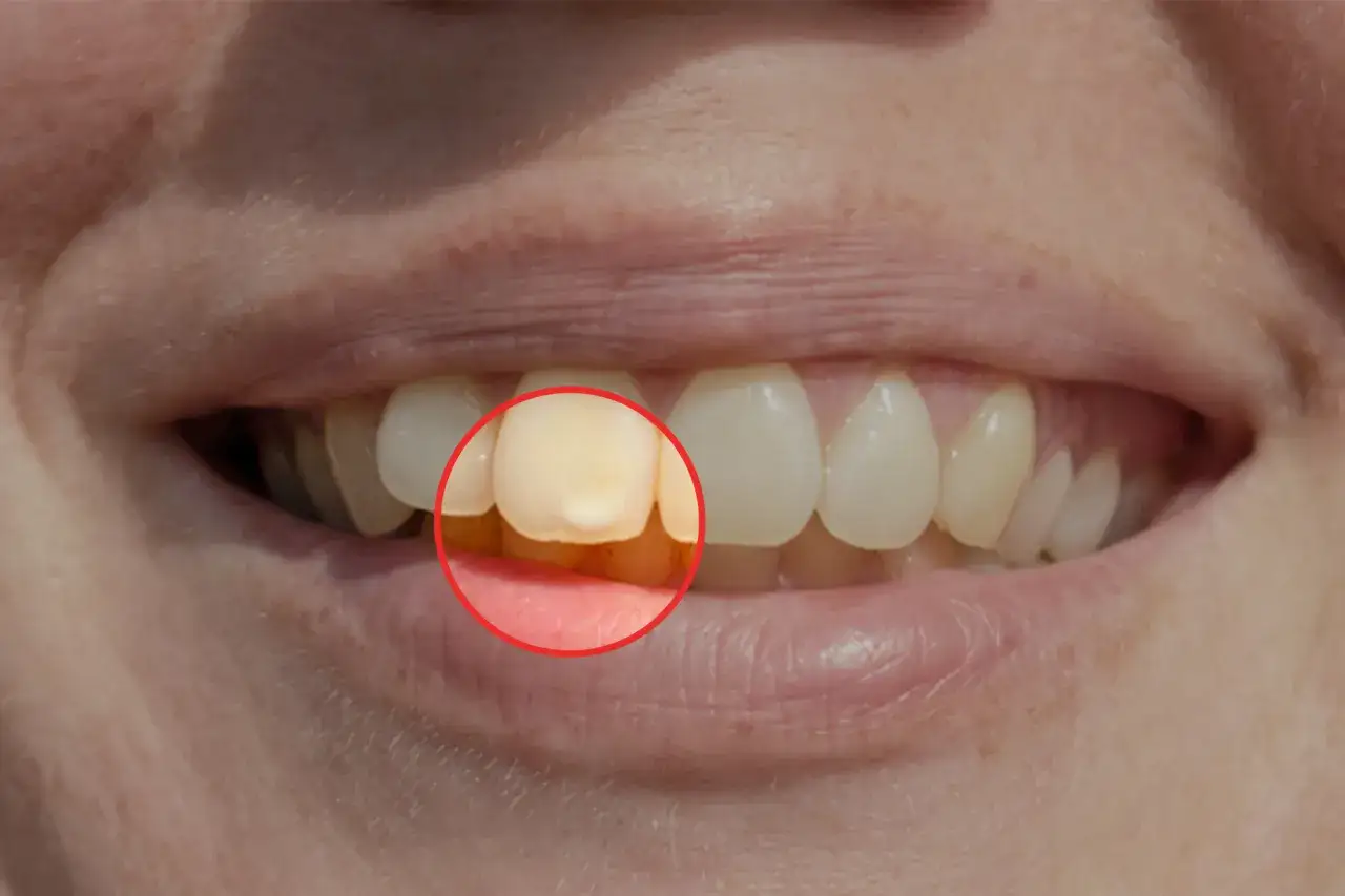 Dente con macchia chiara, possibile inizio di carie bianca.