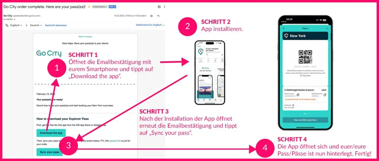 Screenshot der New York Pass App, der eine Reservierungsbestätigung zeigt