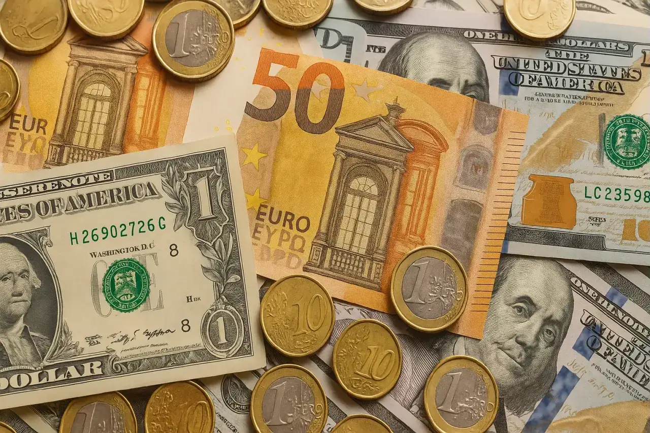 Gdzie rozmienić dolary na drobne? Na zdjęciu widać dolary, euro i monety.