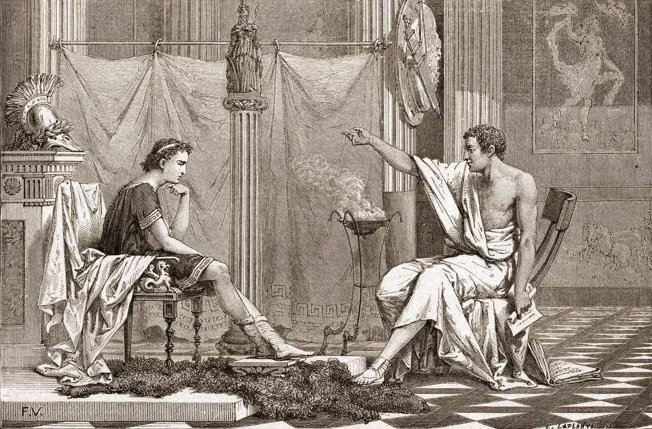 Dwóch mężczyzn w antycznych strojach dyskutuje o cnocie. Jeden siedzi zamyślony, drugi gestykuluje, wskazując na kadzielnicę.