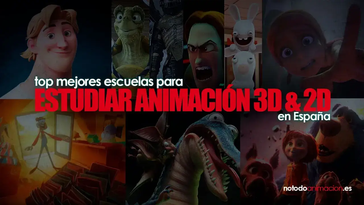Collage de personajes animados, promocionando la **carrera de animaci&oacute;n** 3D y 2D en Espa&ntilde;a.