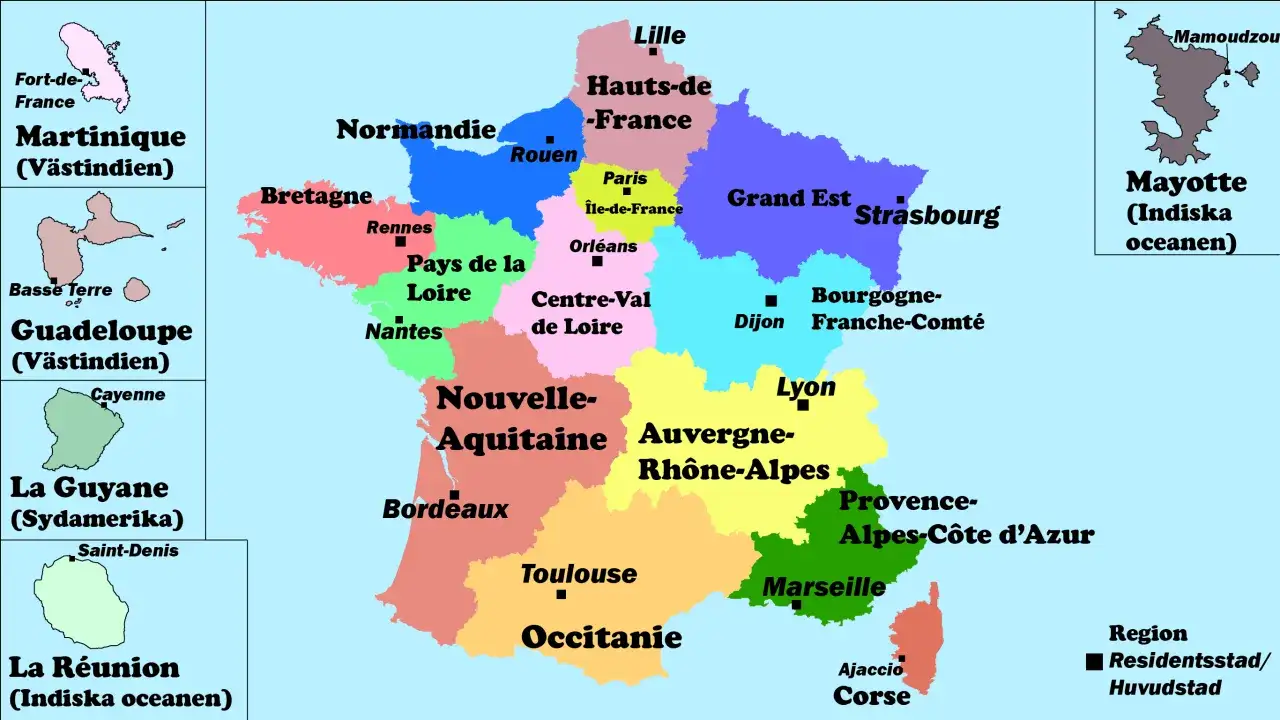 Karta &ouml;ver Frankrikes regioner, inklusive utomeuropeiska omr&aring;den som Martinique och R&eacute;union. H&auml;r finns fakta om Frankrike.