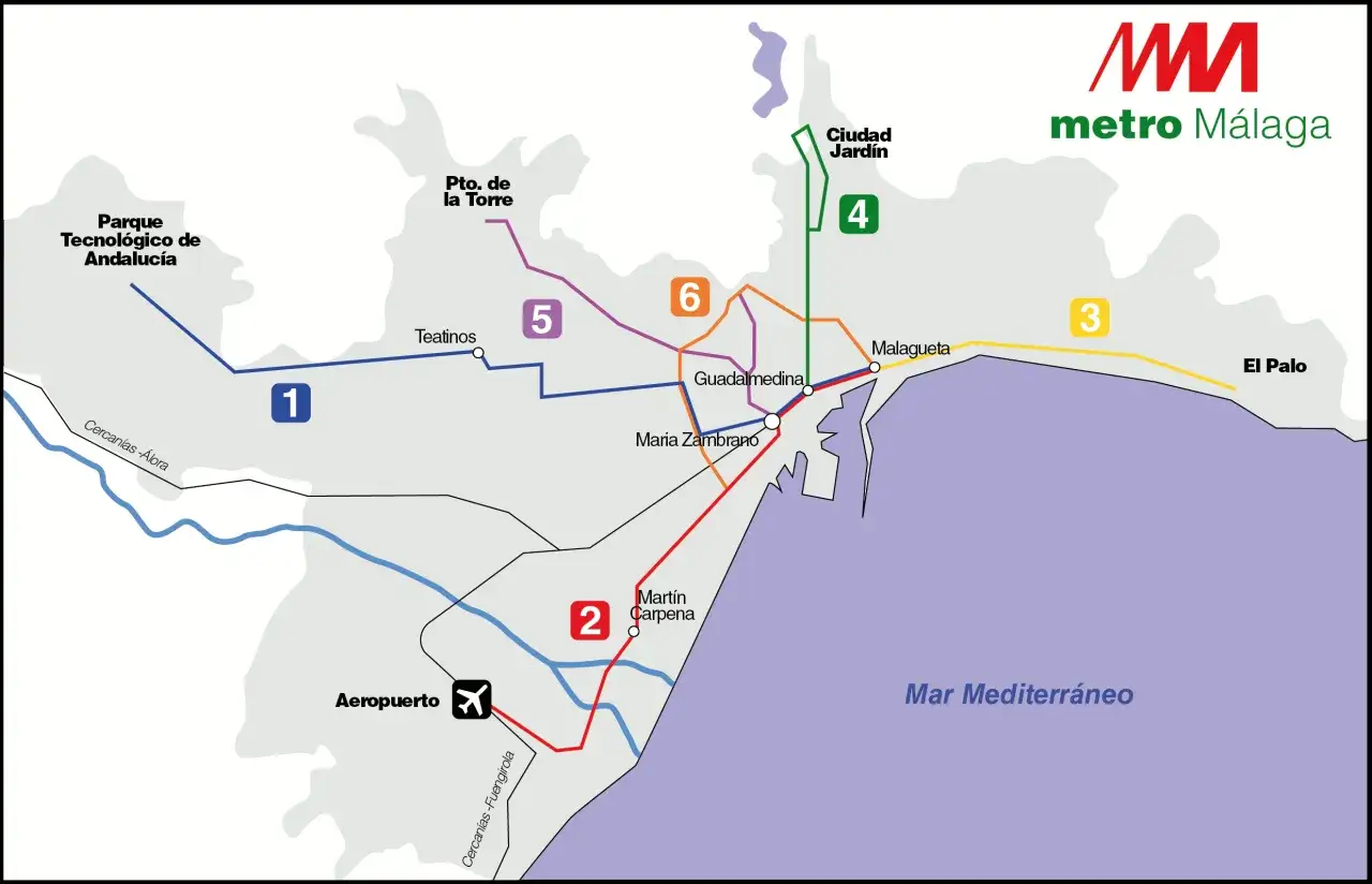 Mapa metra Málaga z zaznaczonymi liniami 1-6, lotniskiem i wybrzeżem Morza Śródziemnego.