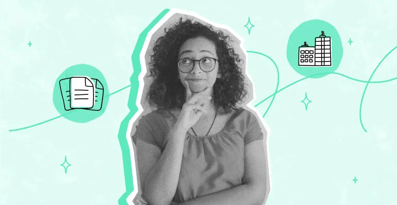 Joven pensando en cómo montar empresa online, con iconos de documentos y edificios.