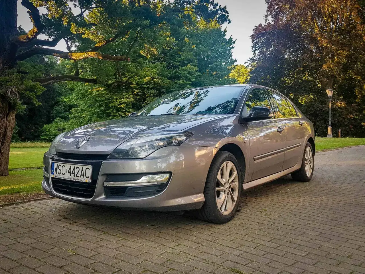 Szary sedan Laguna 3 2.0 dCi zaparkowany na brukowanej ścieżce w otoczeniu zieleni i drzew.