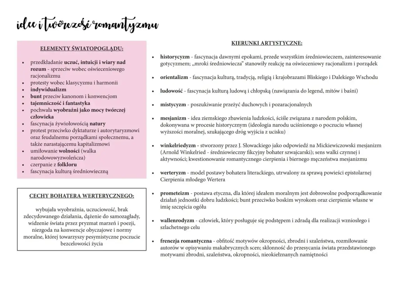 Romantyzm w literaturze: cechy światopoglądu, kierunki artystyczne i cechy bohatera.