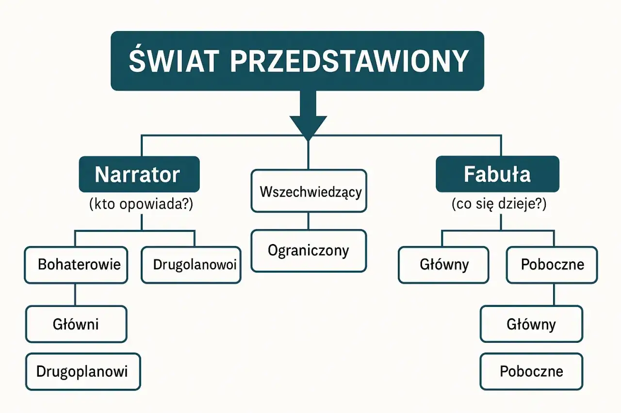 Schemat świata przedstawionego w epice: narrator (bohaterowie, drugoplanowi, główni, drugoplanowi), wszechwiedzący, ograniczony, fabuła (główny, poboczne, główny, poboczne).