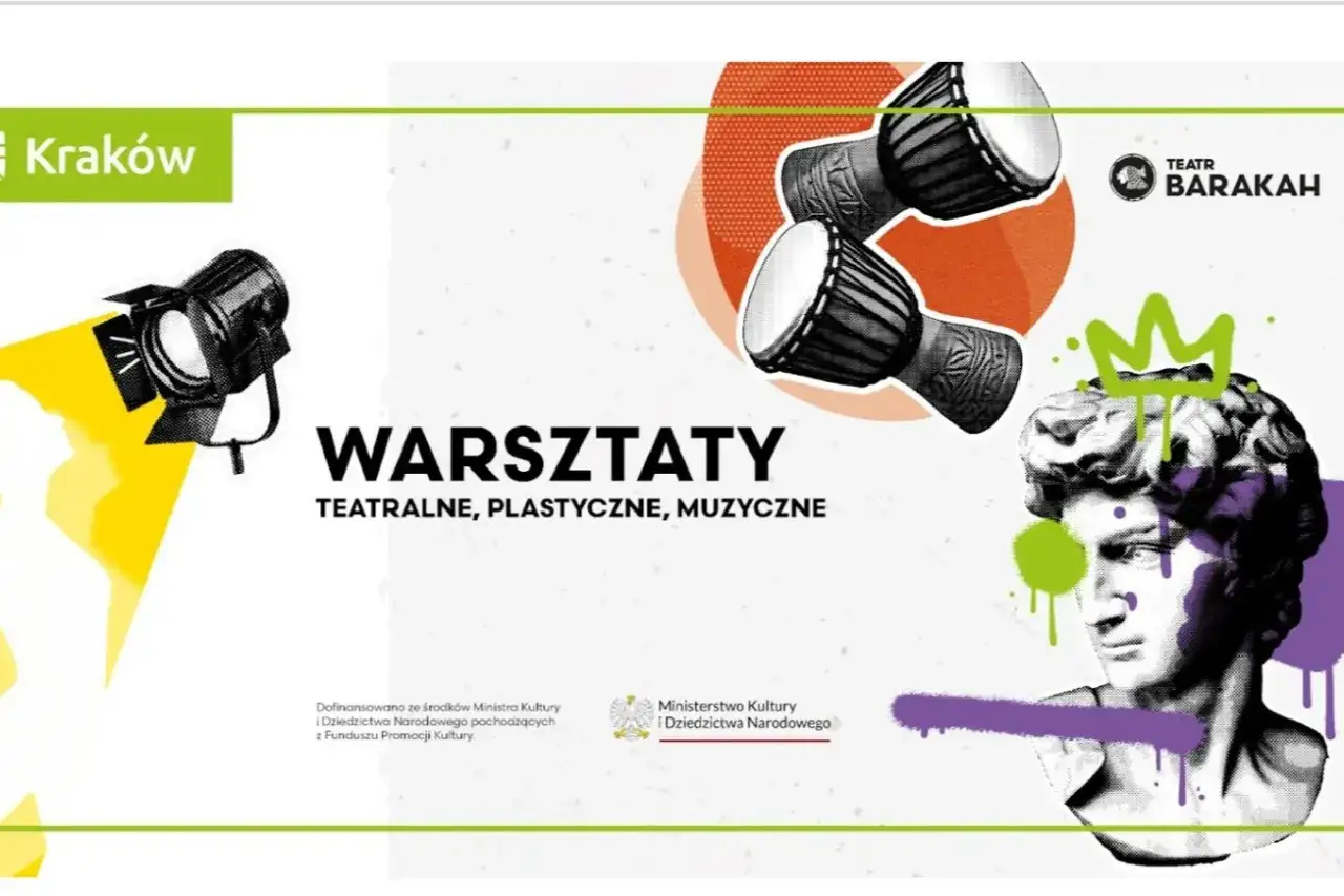 Warsztaty teatralne, plastyczne i muzyczne w Krakowie. Djembe, reflektor i rzeźba z koroną zapraszają na kreatywne wydarzenia dla dzieci.