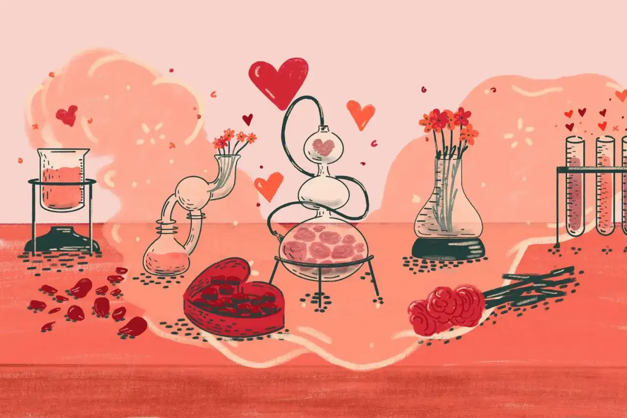 Esperimenti d'amore: provette, cuori e rose creano una magica chimica tra due persone.