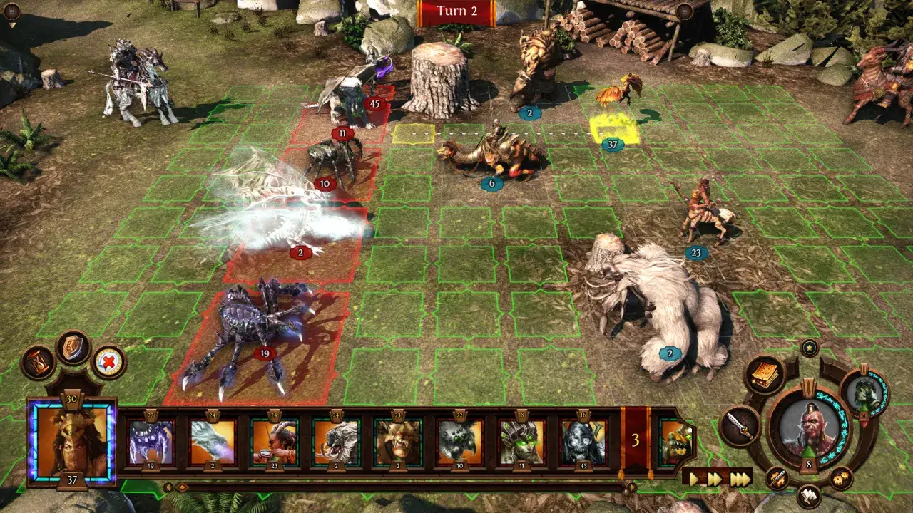 Bitwa w grze Might and Magic: potężne stwory, rycerze i magiczne zaklęcia na polu bitwy.
