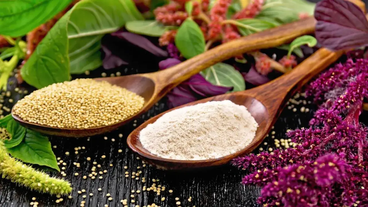 Granos y harina de amaranto que es, un superalimento ancestral, junto a sus vibrantes flores y hojas verdes.