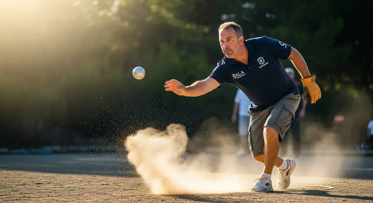 Un joueur de p&eacute;tanque, concentr&eacute;, lance une boule. La poussi&egrave;re s'envole, un moment pour faire le vide dans sa t&ecirc;te.