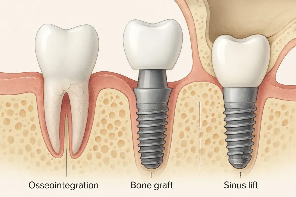 Ilustracja pokazuje, jak wygląda implant zęba: od naturalnego zęba, przez implant z przeszczepem kości, po implant po podniesieniu zatoki.