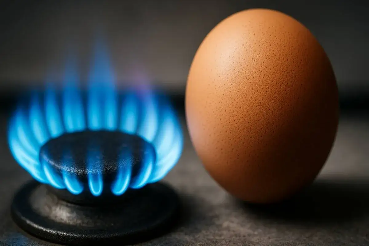 Ein braunes Ei neben einer blauen Gasflamme. Man fragt sich, wie riecht gas, wenn es so hei&szlig; brennt.