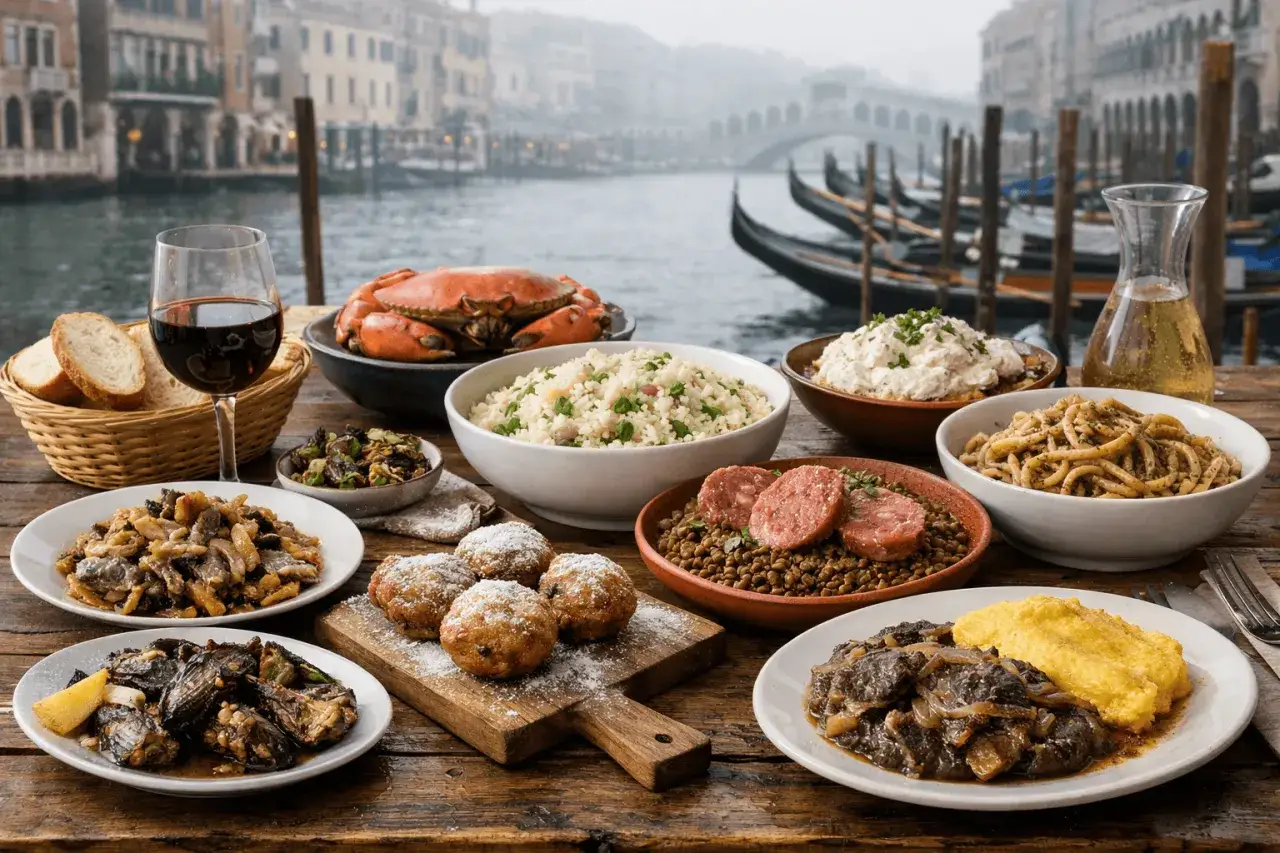 Un banchetto di prodotti tipici veneziani: granchio, riso, pasta, polenta e dolci, con gondole sullo sfondo.