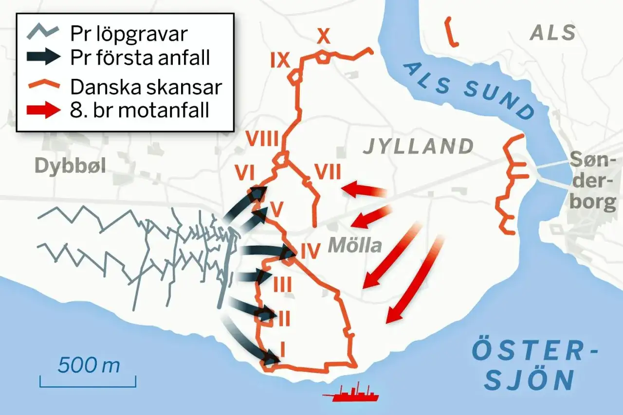 Karta över Dybböl under kriget mellan Sverige och Danmark. Visar löpgravar, danska skansar och anfall.