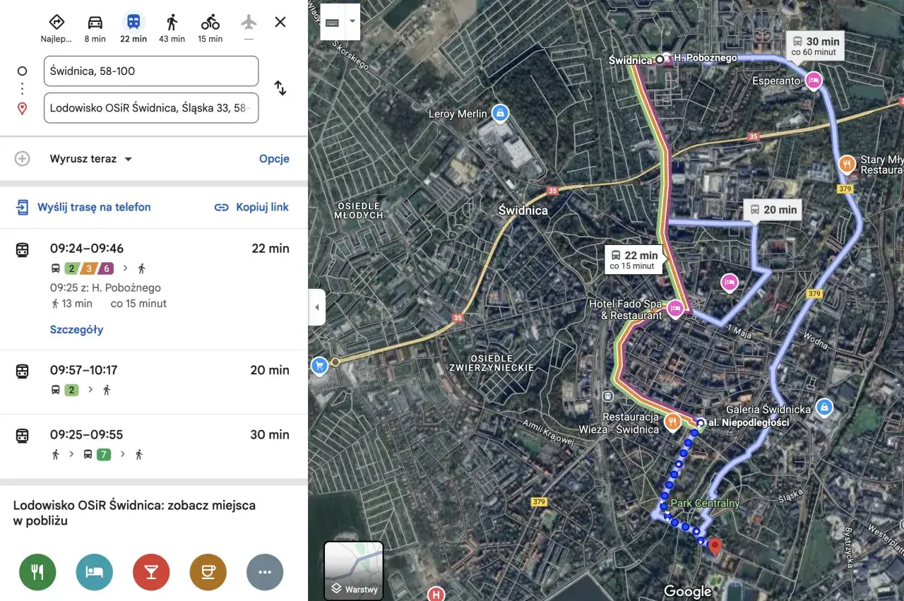 MPK Świdnica rozkład jazdy: trasa z H. Pobożnego do Lodowiska OSIR Świdnica, czas przejazdu 22 minuty.